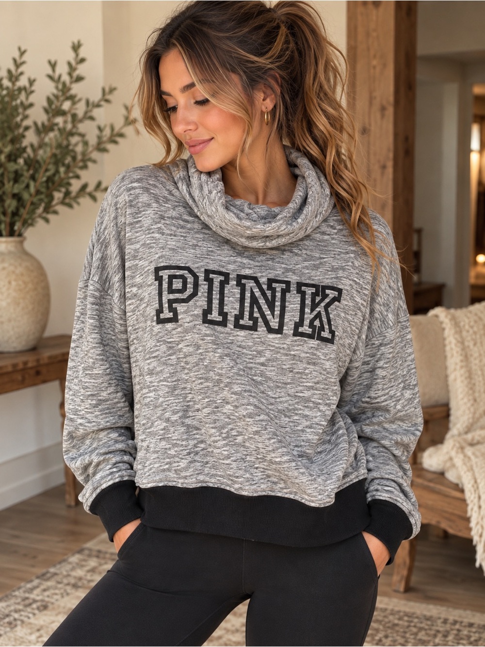 Victoria’s Secret PINK Gray Cowl Neck Logo Sweatshirt XS